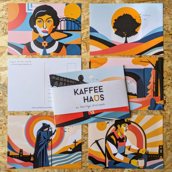 Our North East Heritage Postcards are a celebration of the North East and it's rich heritage and were design for us by local artist Emilie de Black.