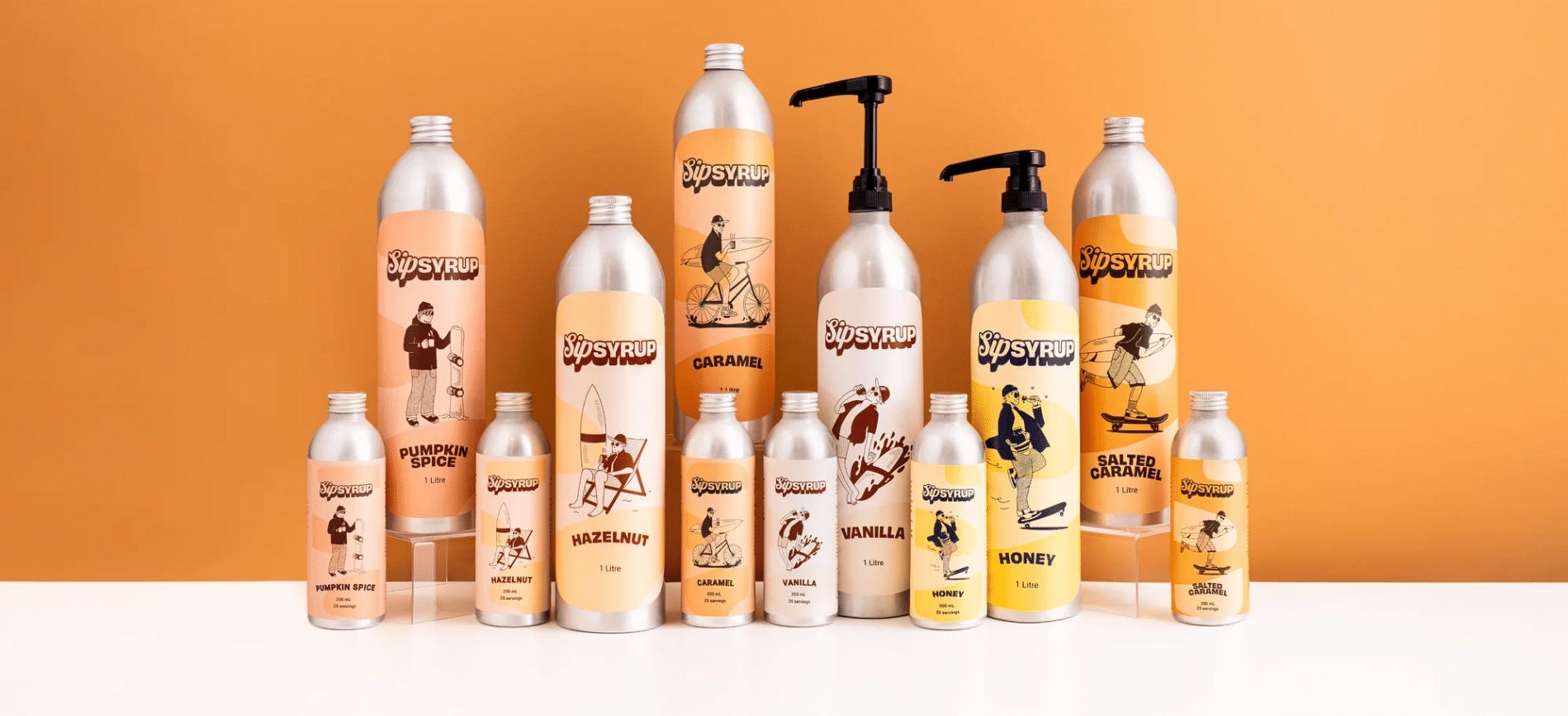 PUMPKIN SPICE SYRUP SEASON 1 Displayed is the Full Sip Syrup Range including, vanilla, caramel, honey, pumpkin spice, salted caramel and hazelnut.
