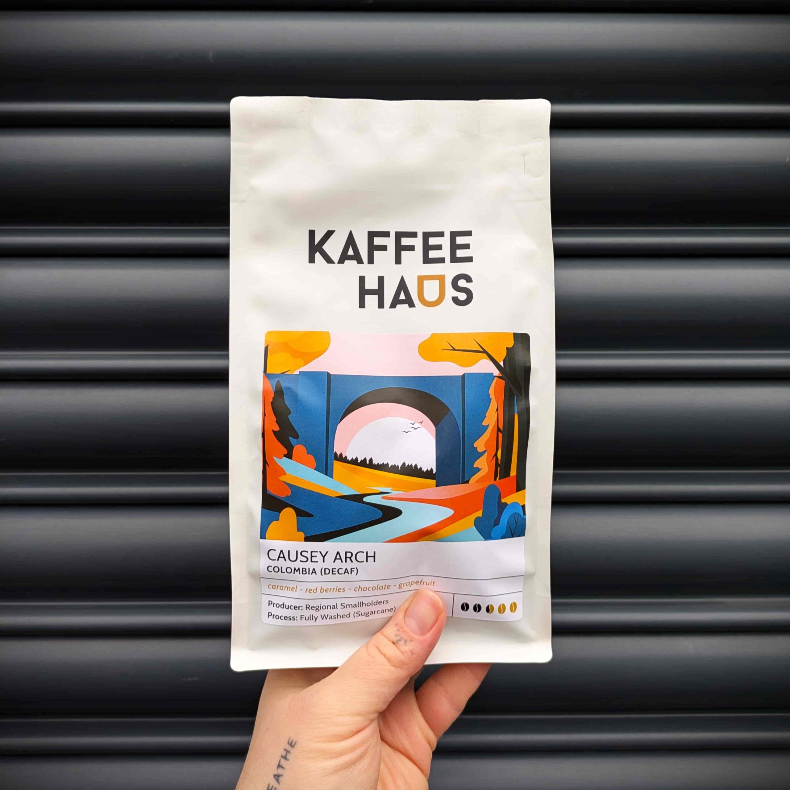 Kaffeehaus Coffee 8 A Colombian decaf coffee with a medium-light roast profile